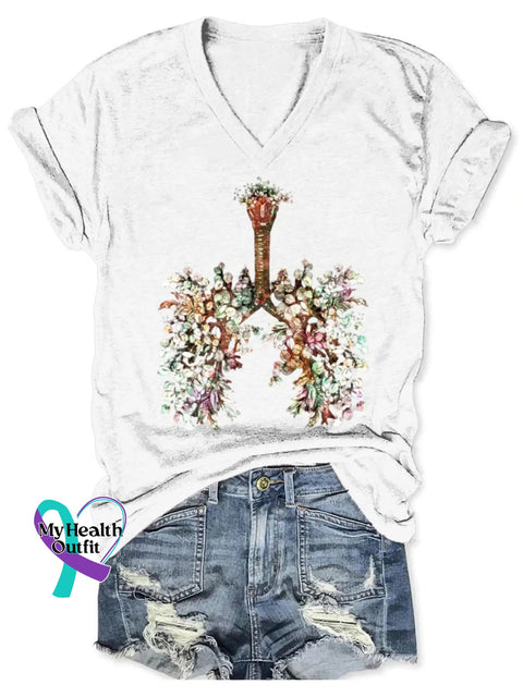 Lung Cancer Awareness Art V-neck Casual T-Shirt White / S