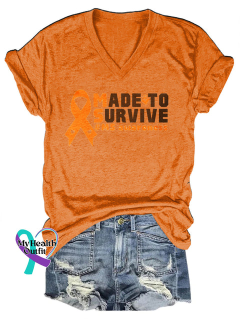 Made Survive Multiple Sclerosis Awareness Printed V-Neck Casual Short Sleeve T-Shirt Orange / S