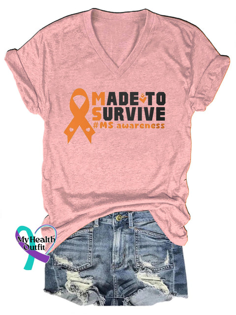 Made Survive Multiple Sclerosis Awareness Printed V-Neck Casual Short Sleeve T-Shirt Pink / S