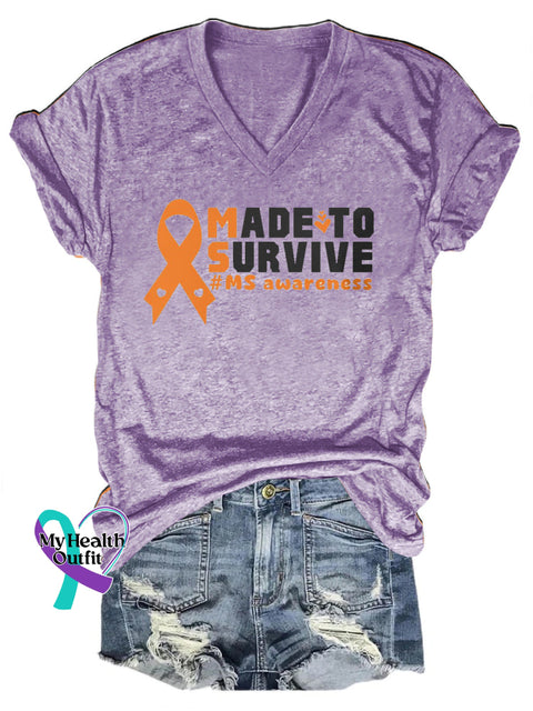 Made Survive Multiple Sclerosis Awareness Printed V-Neck Casual Short Sleeve T-Shirt Purple / S