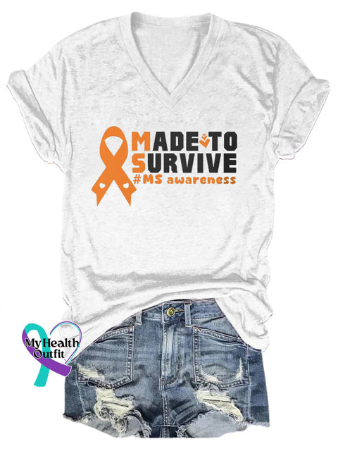 Made Survive Multiple Sclerosis Awareness Printed V-Neck Casual Short Sleeve T-Shirt White / S