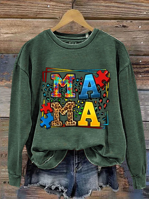 Mama Puzzle Autism Awareness Art Print Pattern Casual Sweatshirt Green / S