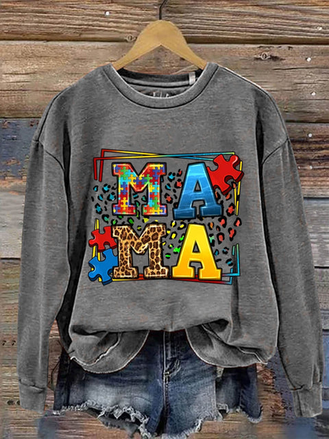 Mama Puzzle Autism Awareness Art Print Pattern Casual Sweatshirt Grey / S