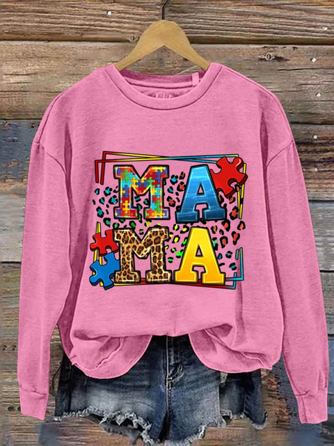 Mama Puzzle Autism Awareness Art Print Pattern Casual Sweatshirt Pink / S