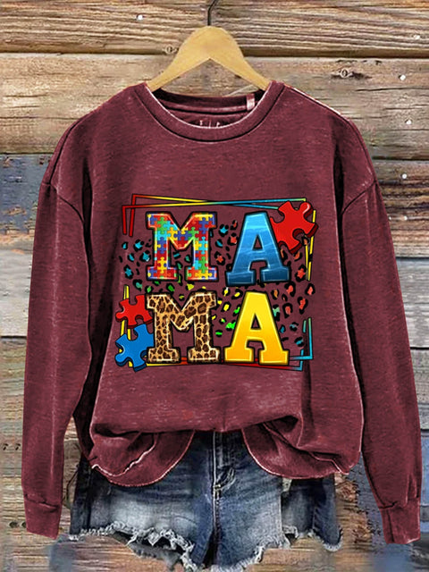 Mama Puzzle Autism Awareness Art Print Pattern Casual Sweatshirt Red / S