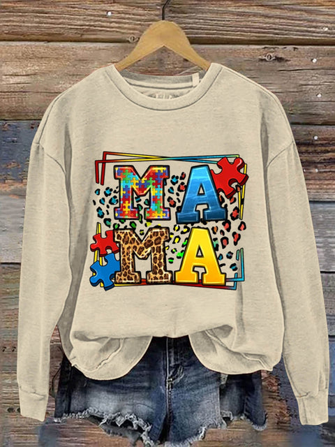 Mama Puzzle Autism Awareness Art Print Pattern Casual Sweatshirt Sand / S