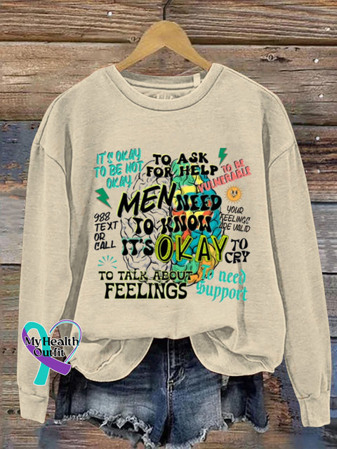 Men Need To Knows It’s Okay Suicide Prevention 988 Printed Casual Sweatshirt Beige / S