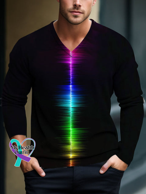 Men Rainbow Light Print V-Neck Lnit Long Sleeve Sweater Black / S