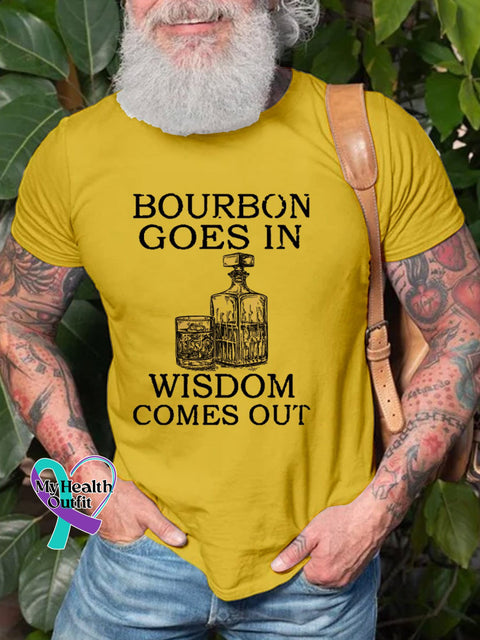 Men’s Bourbon Goes In Wisdom Comes Out Art Print Casual T-Shirt Yellow / S