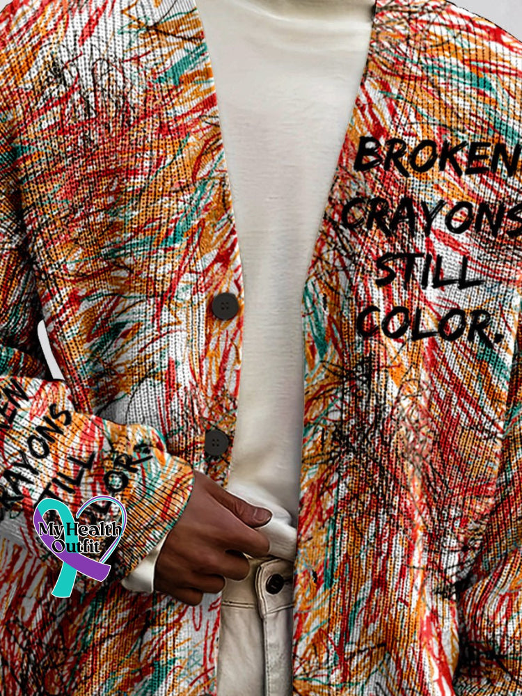 Men’s Broken Crayons Still Color Mental Health Awareness Buttoned Cardigan Sweater