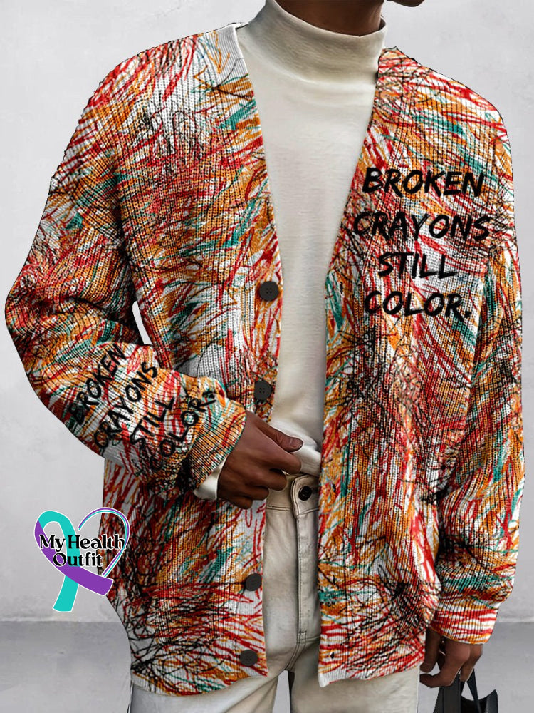 Men’s Broken Crayons Still Color Mental Health Awareness Buttoned Cardigan Sweater Multicolor / S