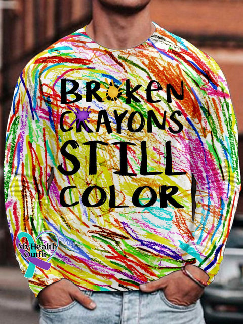 Men’s Broken Crayons Still Color Mental Health Motivational Print Long Sleeve T-Shirt Multicolor2