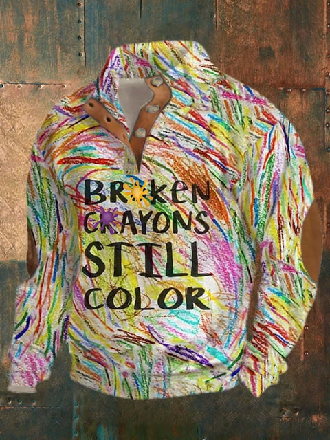 Men’s Broken Crayons Still Color Print Buttons Casual Sweatshirt As shown / S