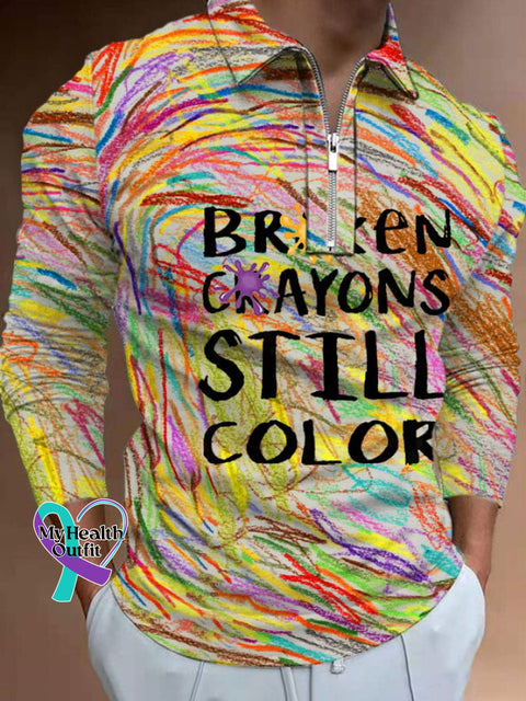 Men’s Broken Crayons Still Color Print Zip Polo Shirt As Shown / S