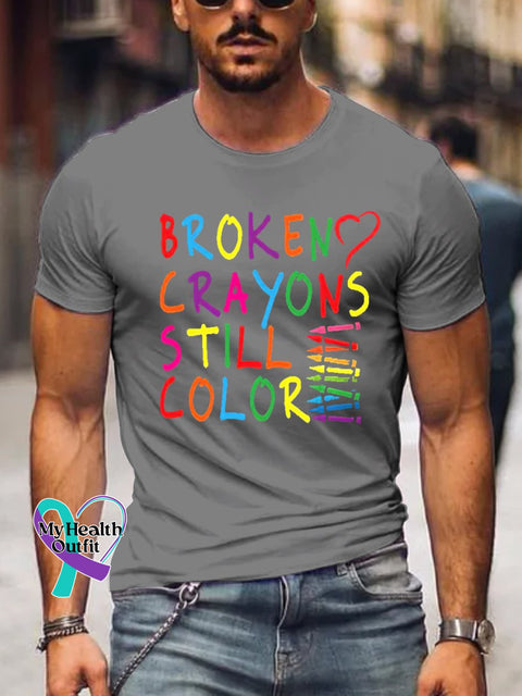 Men’s Broken Crayons Still Color Suicide Prevention Awareness Print T-Shirt Grey / S