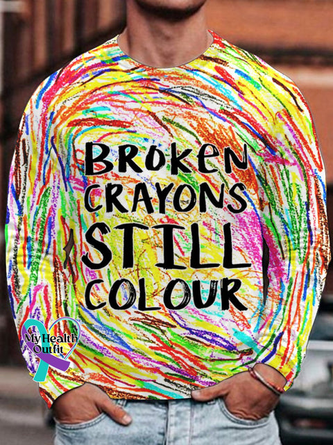 Men’s Broken Crayons Still Colour Mental Health Motivational Casual Print Long Sleeve T-Shirt