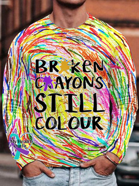 Men’s Broken Crayons Still Colour Mental Health Motivational Casual Print Long Sleeve T-Shirt