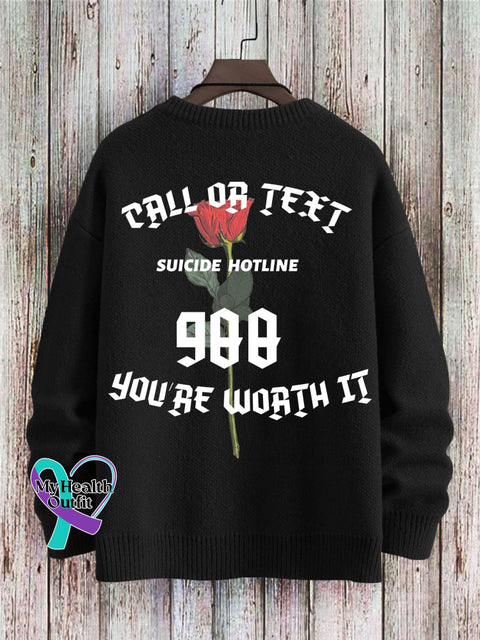 Men’s Call Or Text Suicide Houtline 988 You’re Worth It Print Pullover Sweater Black / S