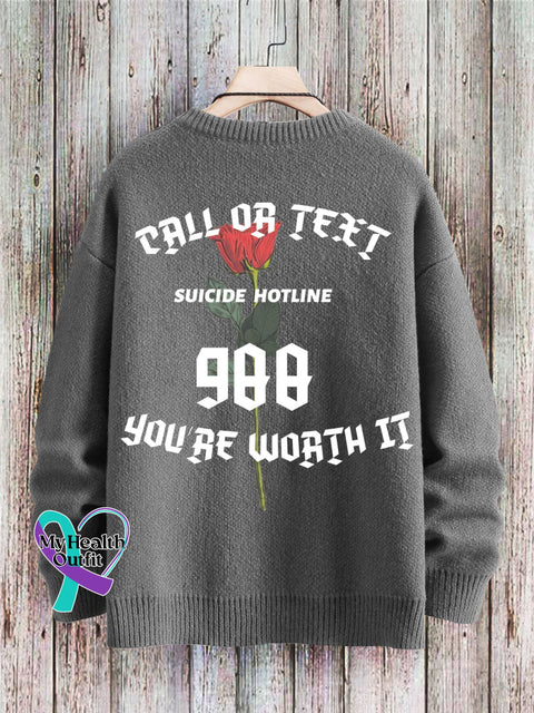 Men’s Call Or Text Suicide Houtline 988 You’re Worth It Print Pullover Sweater Grey / S