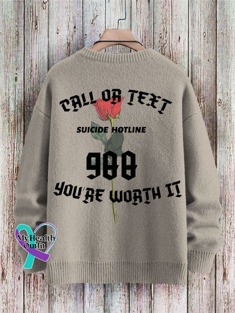 Men’s Call Or Text Suicide Houtline 988 You’re Worth It Print Pullover Sweater Sand / S