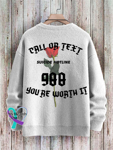 Men’s Call Or Text Suicide Houtline 988 You’re Worth It Print Pullover Sweater White / S