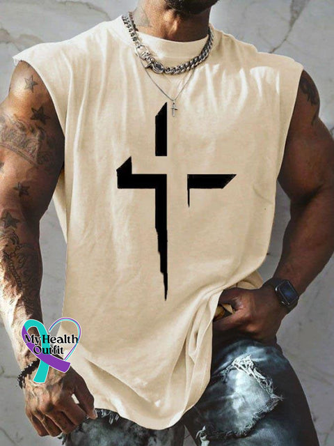 Men’s Casual Cross Print Tank Top Apricot / S