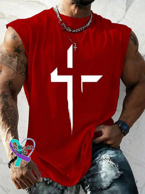 Men’s Casual Cross Print Tank Top Red / S