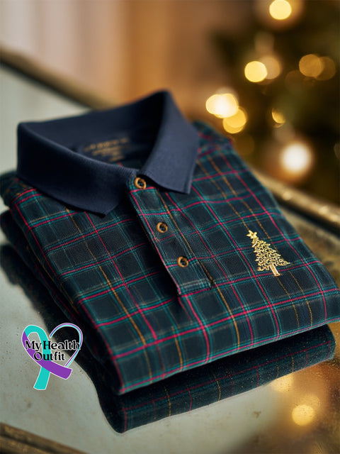 Men’s Christmas Plaid Long Sleeve Polo Shirt As shown / S