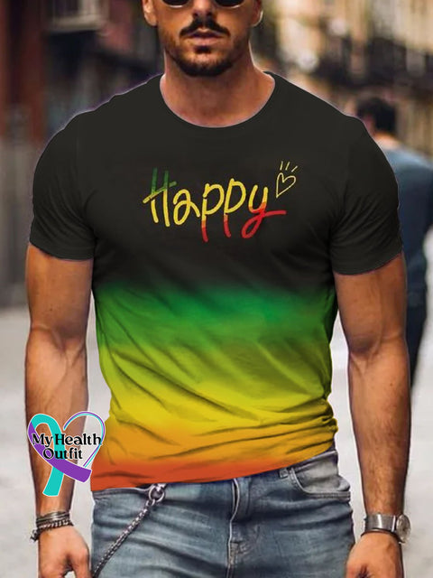 Men’s Happy Rainbow Art Pattern Print Casual T-Shirt Multicolor / S