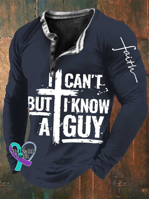 Men’s I Can’t But Know A Guy Jesus Cross Funny Christian Print Long Sleeve Henley Shirt Navyblue / S