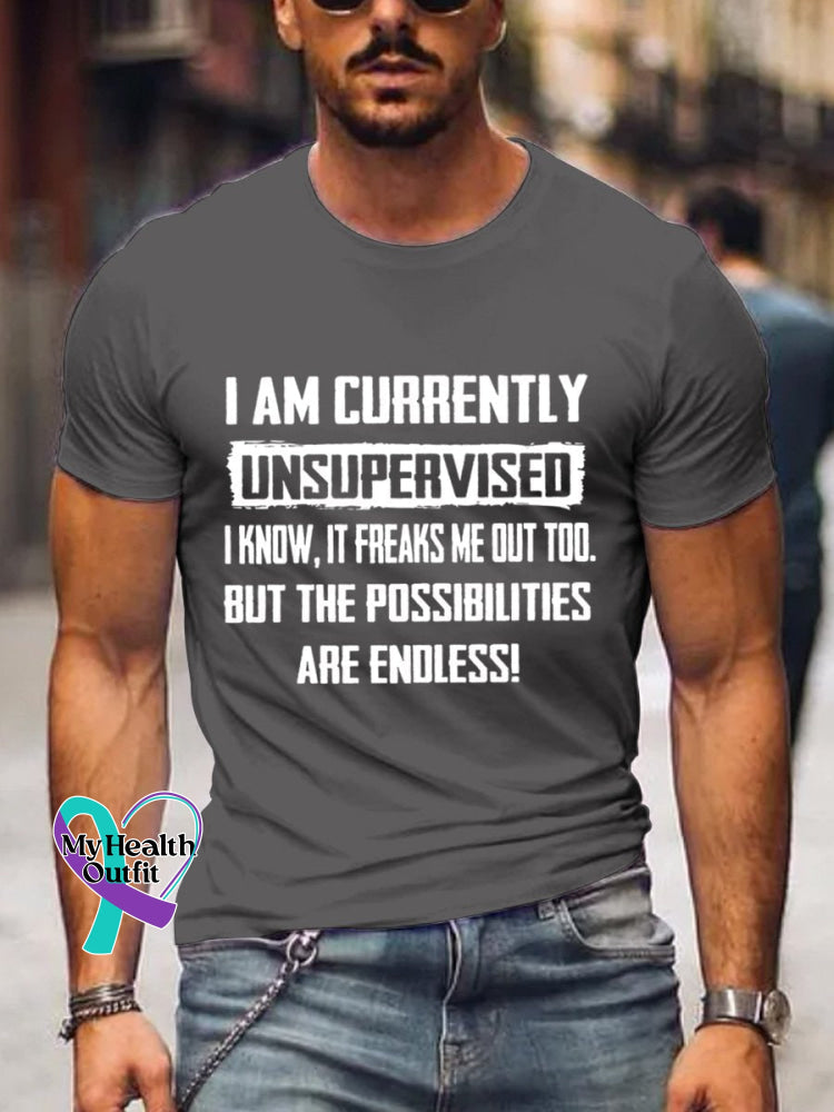 Men’s I’m Currently Unsupervised Art Print Casual T-Shirt Grey / S