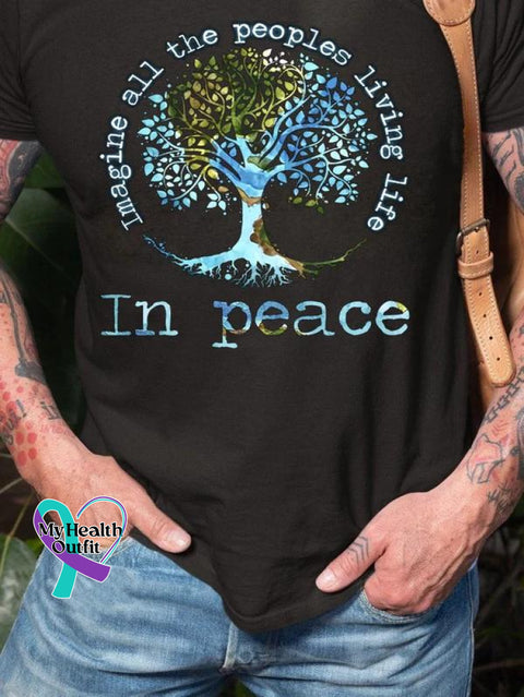 Men’s Imagine All The People Living Life Tree Of Art Print Casual T-Shirt