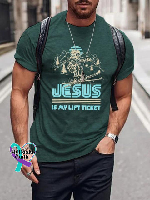 Men’s Jesus Is My Life Ticket Art Print Casual T-Shirt Dark Green / S