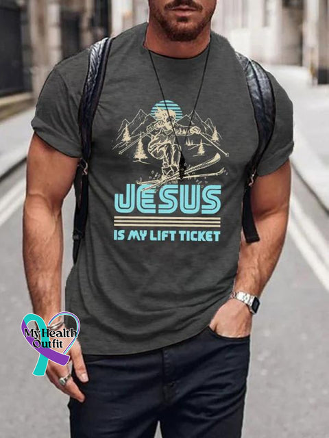 Men’s Jesus Is My Life Ticket Art Print Casual T-Shirt Dark Grey / S