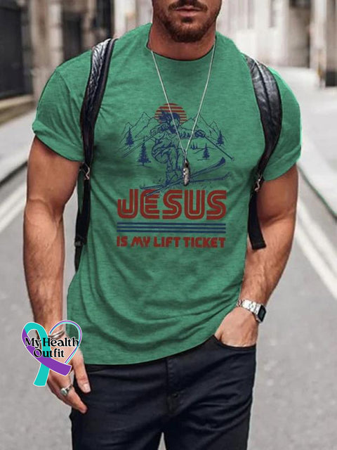 Men’s Jesus Is My Life Ticket Art Print Casual T-Shirt Green / S