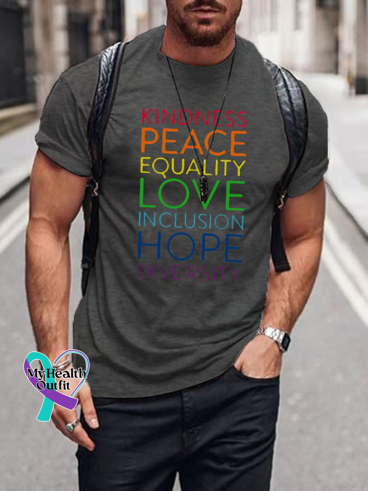 Men’s Kindness Peace Equality Love Inclusion Hope Diversity Print T-Shirt Dark Grey / S