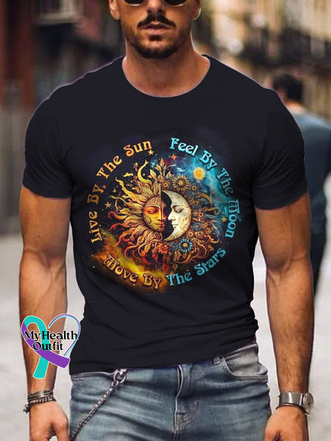 Men’s Live By The Sun Feel Moon Move Stars Art Pattern Print Casual T-Shirt Black / S