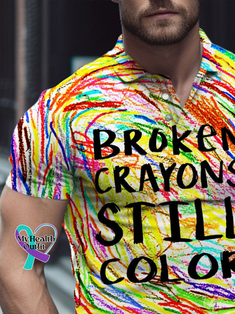 Men’s Mental Health Awareness Broken Crayons Still Color Encourage Print Casual Polo Shirt