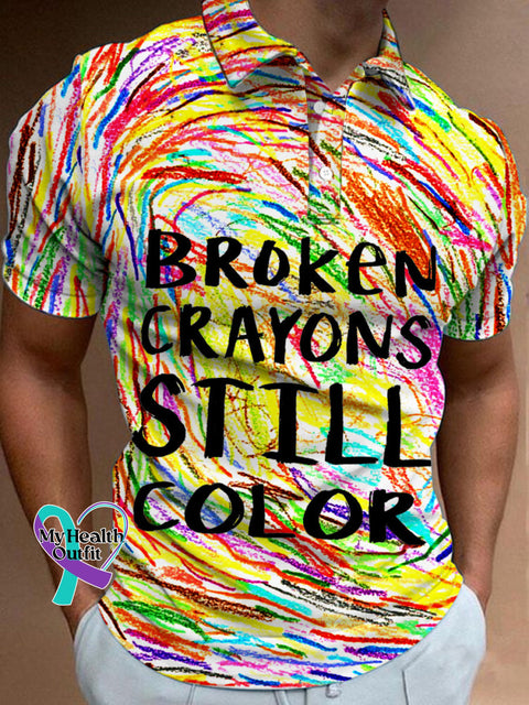 Men’s Mental Health Awareness Broken Crayons Still Color Encourage Print Casual Polo Shirt