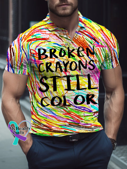 Men’s Mental Health Awareness Broken Crayons Still Color Encourage Print Casual Polo Shirt