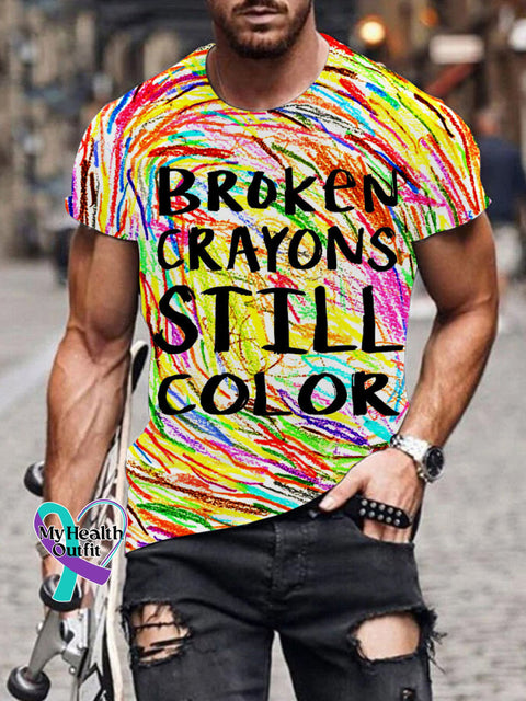 Men’s Mental Health Awareness Broken Crayons Still Color Encourage Print Casual T-Shirt