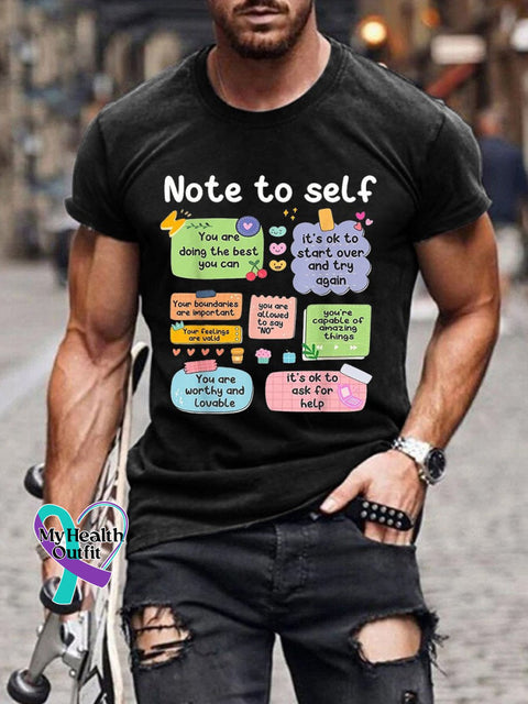 Men’s Mental Health Note To Self Print Casual T-Shirt Black / S