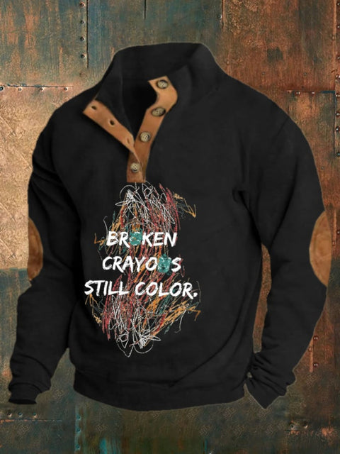 Men’s Retro Buttons Broken Crayons Still Color Print Sweatshirt Black / S