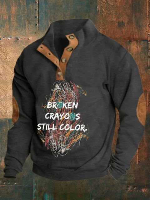 Men’s Retro Buttons Broken Crayons Still Color Print Sweatshirt Dark Grey / S