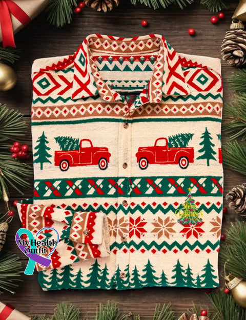 Men’s Retro Casual Christmas Art Long Sleeve Shirt As shown / XS