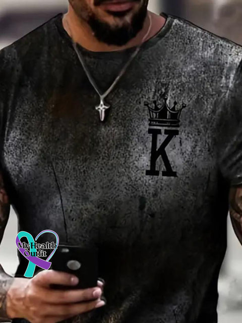 Men’s Retro Crown King K Print Casual T-Shirt