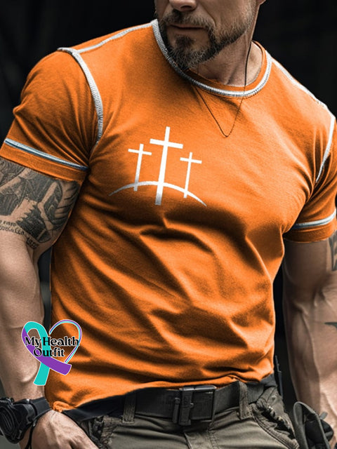 Men’s Retro Faith Color Contrast Stitch Print T-Shirt Orange / S