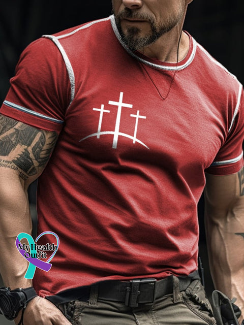 Men’s Retro Faith Color Contrast Stitch Print T-Shirt Red / S