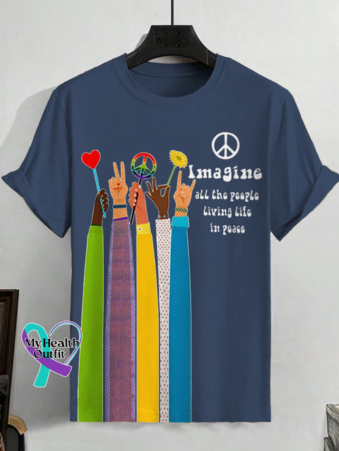 Men’s Retro Hippie Imagine All The People Living Life In Peace Print T-Shirt Blue / S