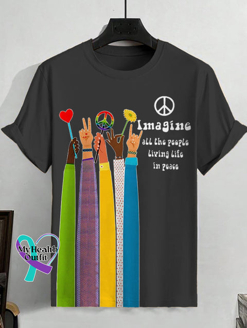 Men’s Retro Hippie Imagine All The People Living Life In Peace Print T-Shirt Gray / S